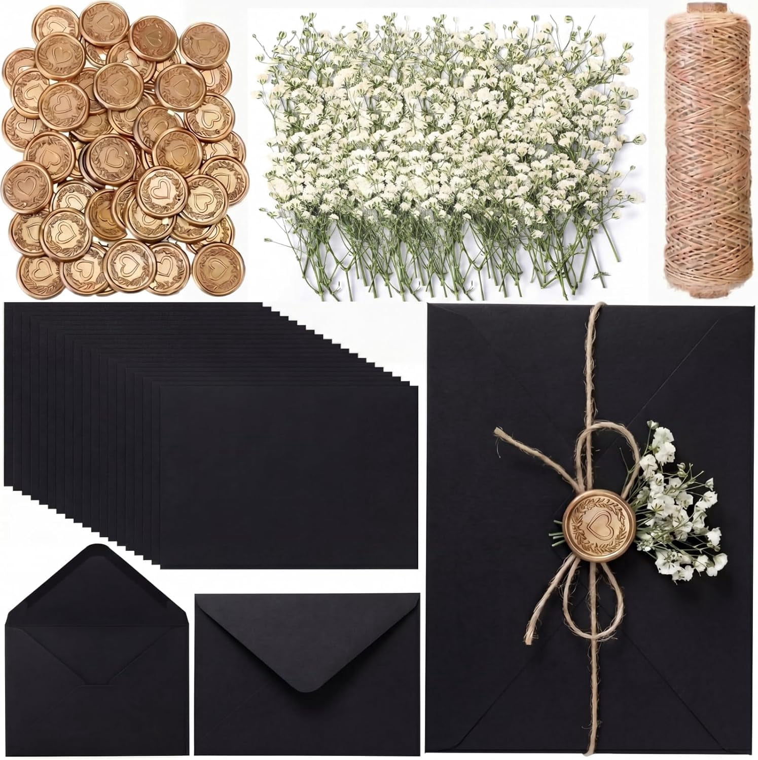 50 Sets Wedding Invitations Wraps Set Include Envelope for 5 x 7 Inch Invitations Self Adhesive Gold Wax Seal Sticker Dried Flowers for DIY Photos Cards Dining Table(Classic,Black)