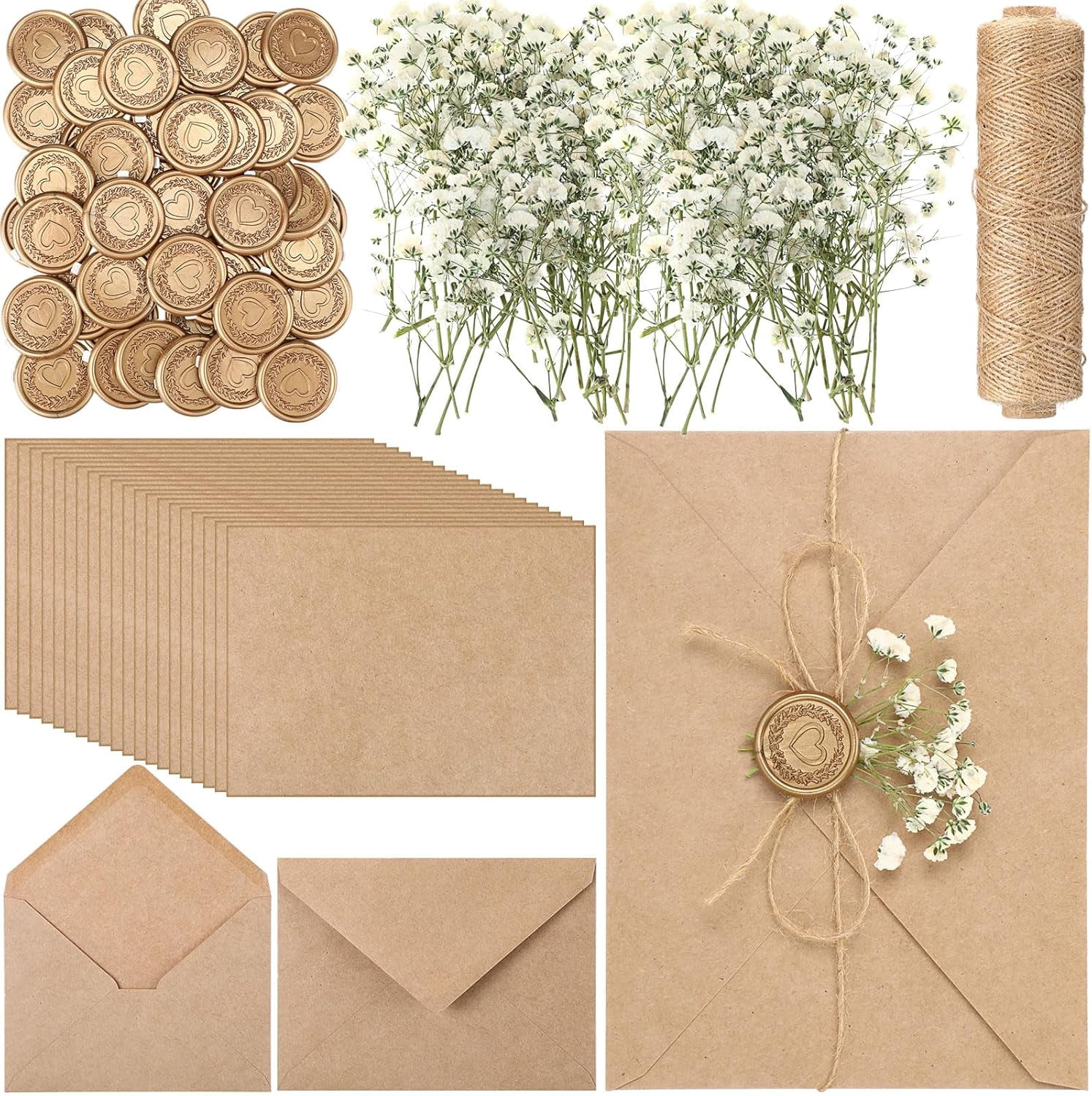50 Sets Wedding Invitations Wraps Set Include Envelope for 5 x 7 Inch Invitations Self Adhesive Gold Wax Seal Sticker Dried Flowers for DIY Photos Cards Dining Table(Classic,Light Brown)