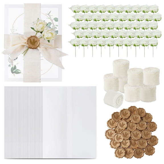 50 Sets Wedding Party DIY Decor Kit, 5" x 7" Pre Folded Vellum Jackets with Self Adhesive Gold Seals, Artificial Flowers and Chiffon Ribbons for Craft Projects