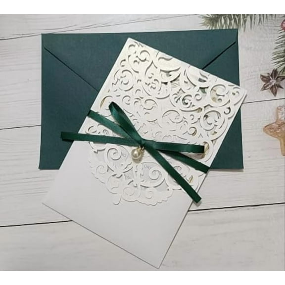 50 Sets White Laser Cut Pocket Invitation Cards with Envelopes & Ribbons for Wedding Sweet 15 Birthday Party