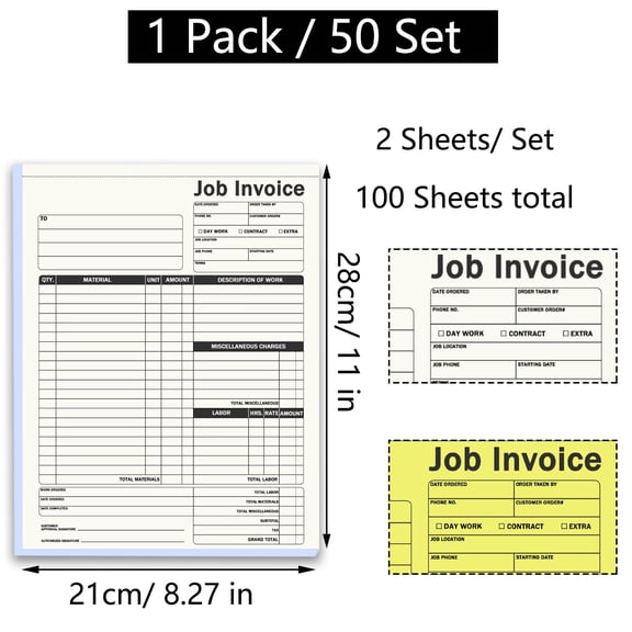 50 Sets Work Order Forms Carbonless Job Invoice Book 8.5 x 11 Inches White Yellow Duplicate