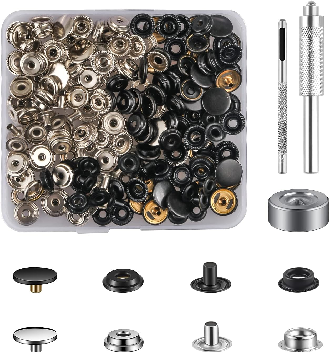  200 Pieces (50 Sets) 15MM Leather Snap and Fastener Kit 5/8  inches (15mm) Snap Button for Leather Snaps and Fasteners for Leather  Stainless Snaps for Bag, Jeans, Clothes, Fabric (Black+Bronze) 