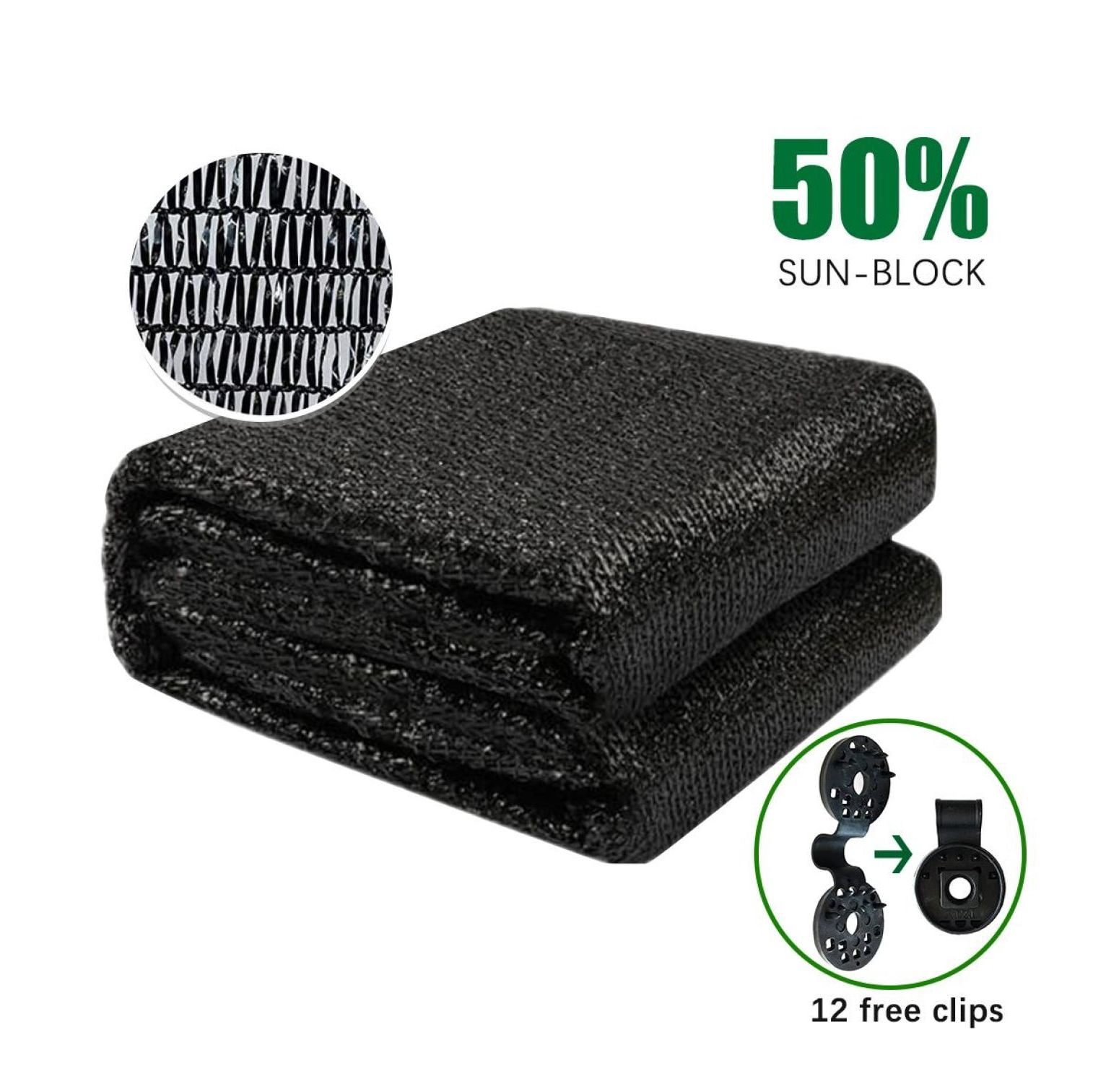 50% Shade Cloth Black - UV Resistant Sunblock Fabric for Plants, Garden, Patio - 6ft x 12ft with Clips