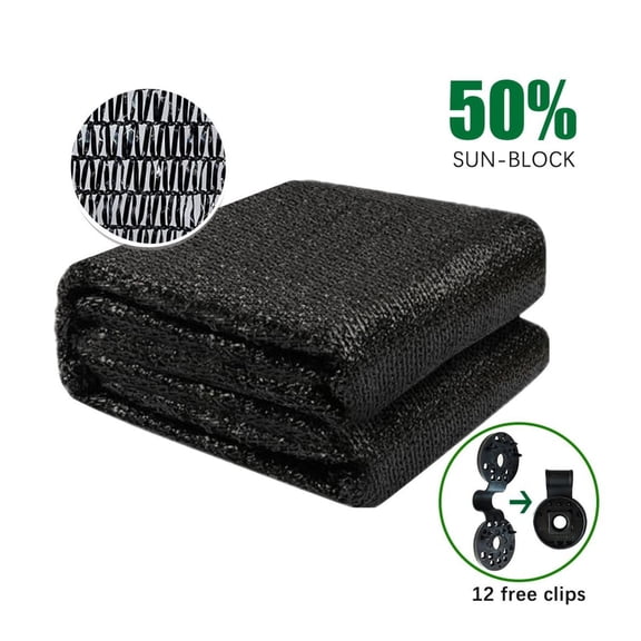 50% Shade Cloth Black - UV Resistant Sunblock Fabric for Plants, Garden, Patio, Pergola Cover - 6ft x 12ft with Clips