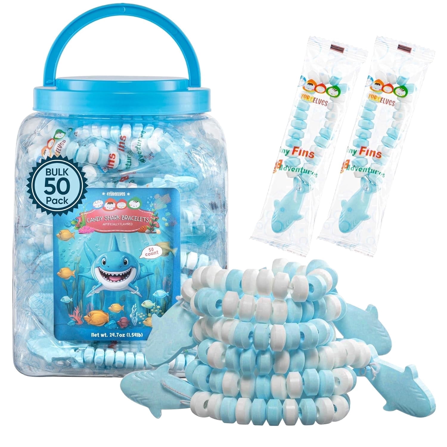 50 Shark Candy Bracelets, Cool Blue Candy for Under the Sea and Baby Shark Party Favors, Decorations and Goody Bag Fillers, Individually Wrapped In a Convenient