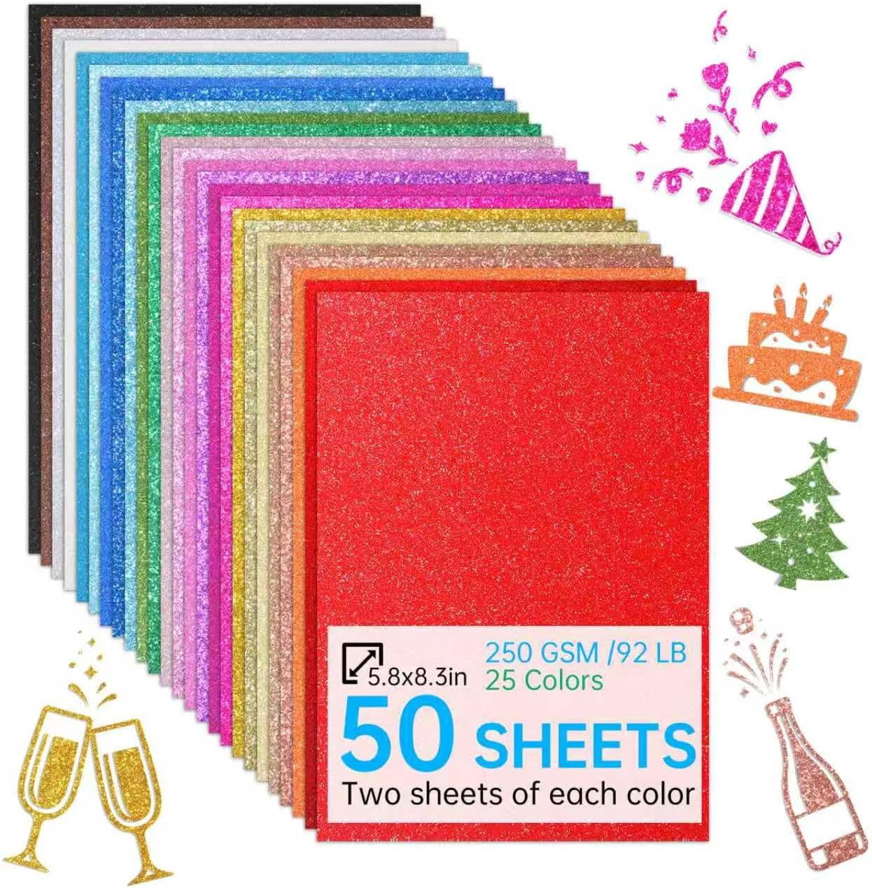 50 Sheets in 25 Colors Glitter Cardstock, Standard A5-Size Glossy