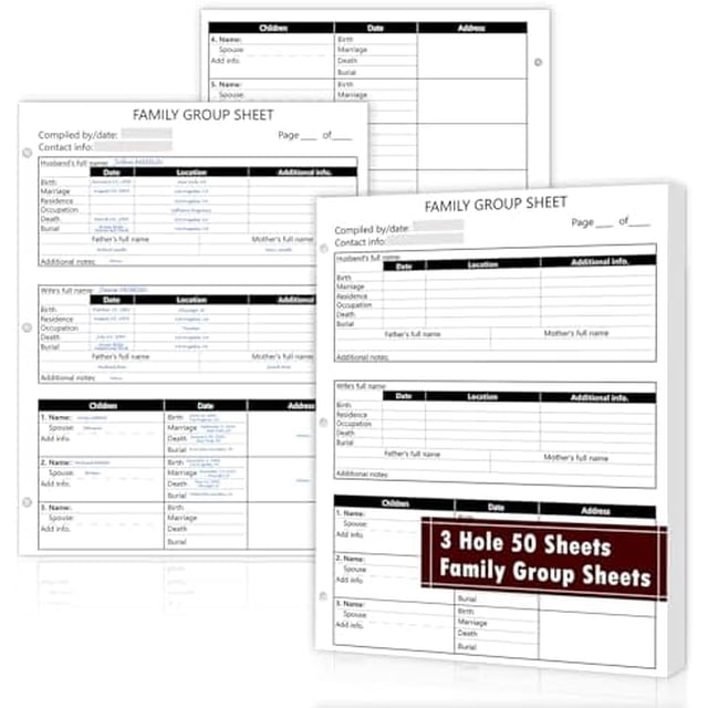 50 Sheets 3 Hole 12th Generation Family Group Sheets 8.5×11 inch Blank ...