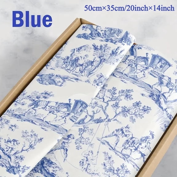 50 Sheets Blue and White Toile Tissue Paper, 20x14 Inch Vintage Gift Tissue Sheets for Wedding, Baby Shower & Party Favors, Elegant Chinoiserie Bouquet Wrapping & DIY Craft Paper