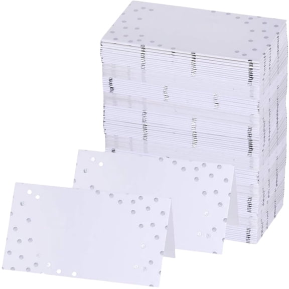 50 Sheets Dotted Silver Foil Seating Cards,White Blank Table Name Cards,3.5” x 2.2” Delicate Place Cards,Table Setting Tent Cards,for Wedding Birthday Banquet Buffet food label By Scheam