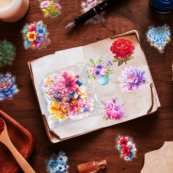 50 Sheets Floral PET Stickers Waterproof Decorative Adhesive for Scrapbooking Diary Planner Phone Case 2.0x1.6 Inch