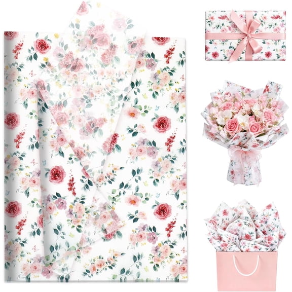 50 Sheets Floral Tissue paper, Watercolor Rose Tissue Paper for Bags Floral Decorative Wrapping Papers for Wedding Valentines Day Mother's Day Birthday Craft Supplies 19.7''x13.8''