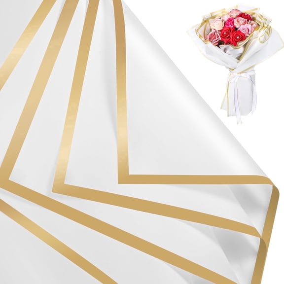 Jaikg 50 Sheets 23x23 Gold Edge White Flower Bouquet Wrapping Paper for Gifts Packaging or DIY Crafts
