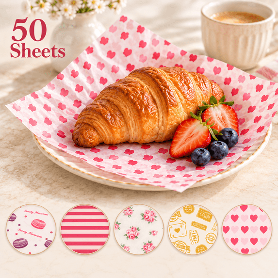50 Sheets Food Wrapping Paper, Printed Grease-Resistant Liners, Disposable Paper for Sandwiches, Burgers, Cakes and Baskets