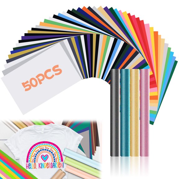 50 Sheets HTV Heat Transfer Vinyl Bundle:12*7.95inch on Vinyl for T-Shirt,24 Assorted Color Iron on Vinyl for Cutting Machine Clothing DIY T Shirt Fabric