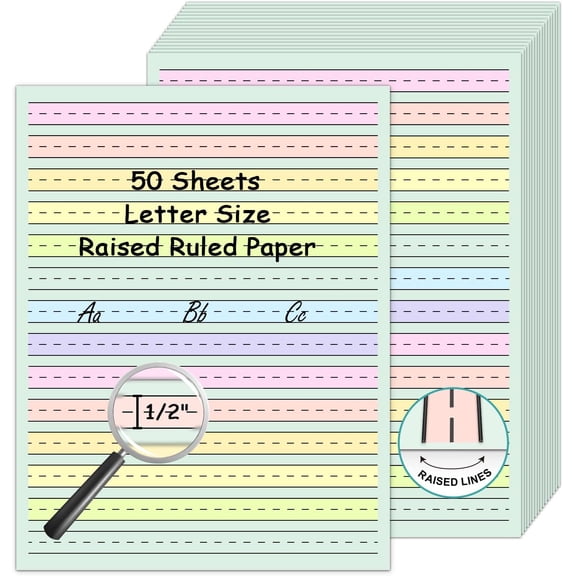 50 Sheets Handwriting Paper 8.5"x11" Double Side Colored Primary Writing Paper for with 0.5" Tactile Writing Lines Spacing Multi-Sensory Ruled Handwriting Tablet Dysgraphia Pad for