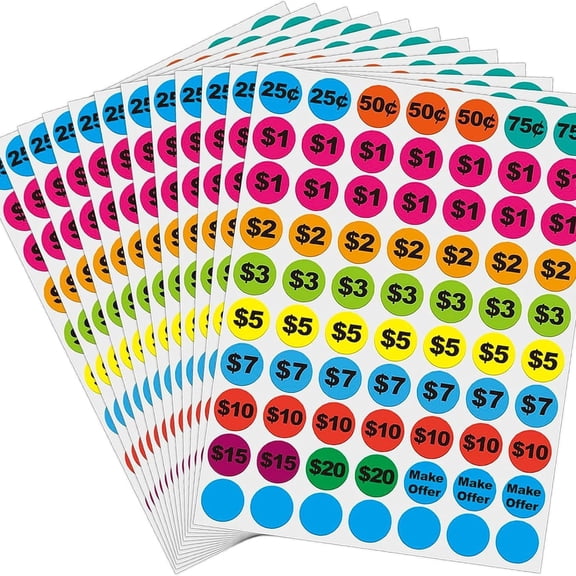 50 Sheets Pre-Printed Round Price Stickers, 70 Stickers Per Sheet Retail Price Tags for Flea Market, Garage Sale, Store & Consignment Shop Marking