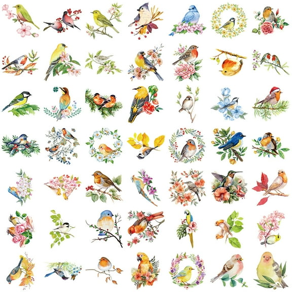 50 Sheets Scrapbook Sticker Watercolor Bird Sticker Reward Sticker Decorative Label Luggage Sticker for Laptop