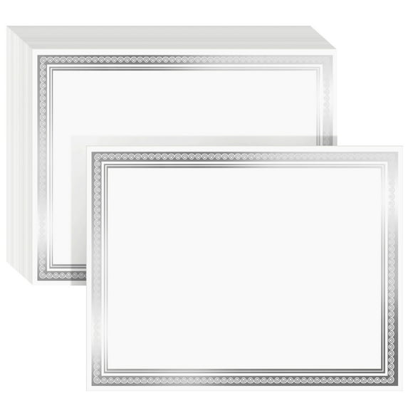 50 Sheets Silver Foil Certificate Paper for Printing - Customizable Blank Cardstock with Border for Graduation Diploma, Achievement Awards, Recognition Documents (8.5 x 11 in, White)