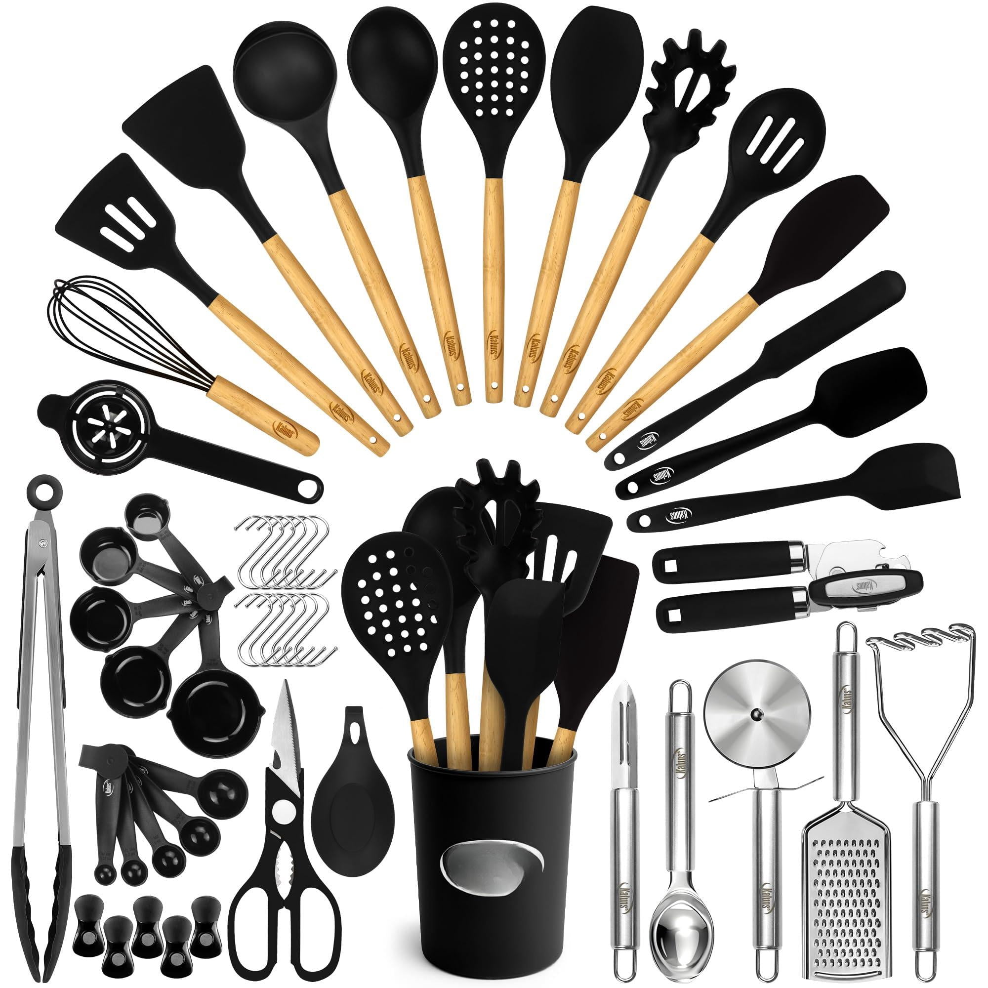 50 Silicone Kitchen Utensils Set Complete - 800°f Heat Resistant Non-stick Cooking W Wooden Handles Can Opener  Masher Turner Spatula