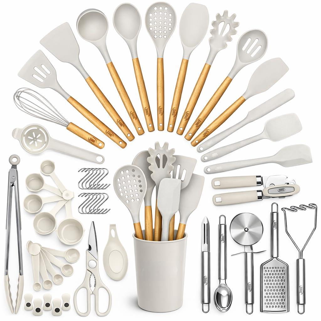 50 Silicone Kitchen Utensils Set Complete - 800°f Heat Resistant Non-stick Cooking W Wooden Handles Can Opener  Masher Turner Spatula