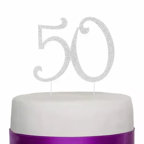 50 Silver Rhinestone Cake Topper - Fifty 50Th Birthday Anniversary Decoration
