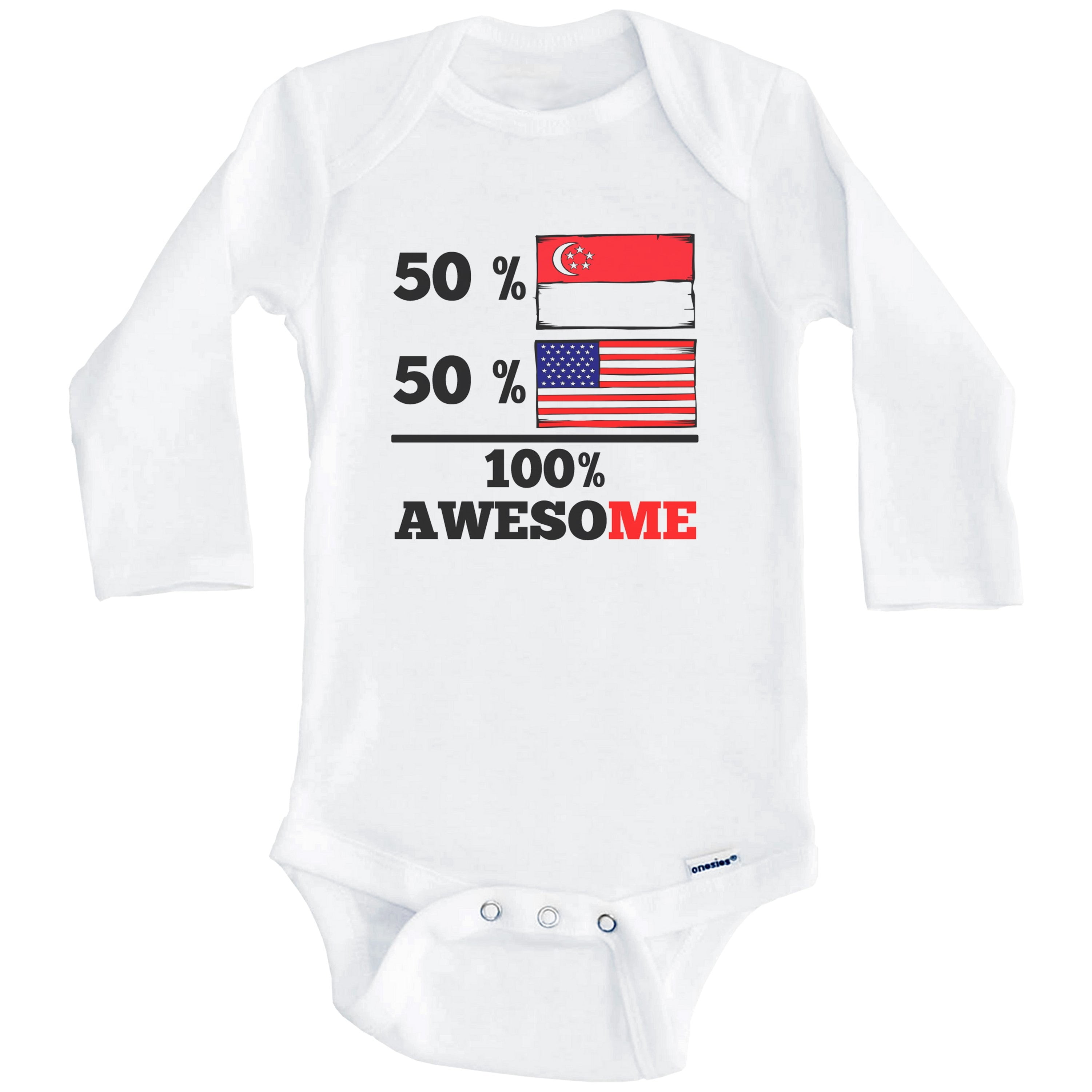 50% Singaporean 50% American 100% Awesome Funny Singapore Flag One Piece Baby Bodysuit (Long Sleeve), 3-6 Months White