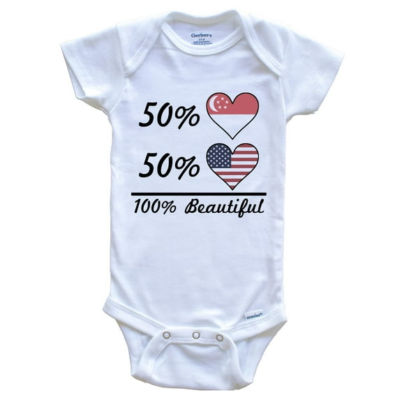50% Singaporean 50% American 100% Beautiful Singapore Flag Heart Baby Bodysuit, 3-6 Months White