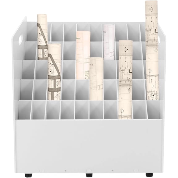 50-Slot Blueprint Storage Organizer, 5 Tiers Movable Roll File with Wheels, Cart Roll File Storage Holder Construction Plan Holders, Poster Storage for Studios, Offices, Libraries (White)