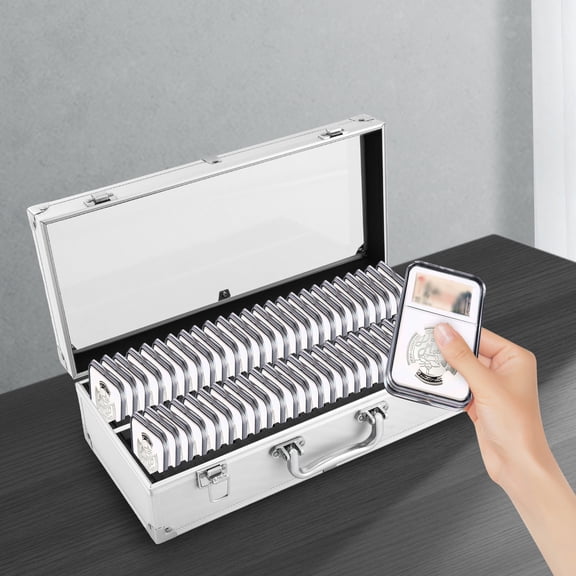 50 Slot Coin Slab Storage Case with Handle & Locks, Clear Acrylic Display Box, Holds 50 Coin Slabs, Coin Collector Silver
