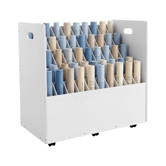 50-Slot Mobile Roll File Organizer Cart, 5-Tier Adjustable PVC Blueprint Storage Rack with Lockable Wheels for Drafting Maps Office Studio