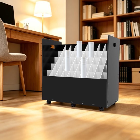 50-Slot Roll File Organizer with 6 Lockable Wheels, Freestanding Blueprint Storage Rack for Artwork Maps Drawing Paper Rolls, PVC Rubber Rolling Document Holder for Office Studio