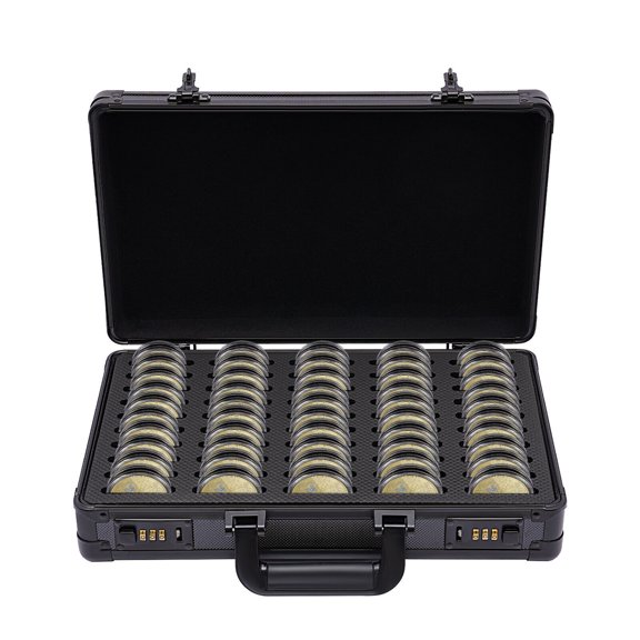 50 Slots Coin Slab Storage Case, Aluminum Frame ABS Portable Hard Shell Password Lock Coin Display for Home Exhibition Travel Use