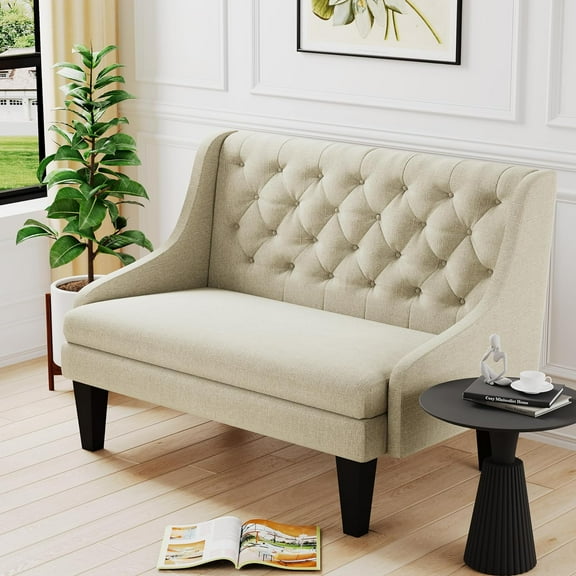 50" Small Modern Loveseat Settee Sofa Linen Fabric 2-Seat Sofa Couch Tufted Love Seat Dining with Back Upholstered Banquette Sofas for Living Room Bedroom Small Space Entryway
