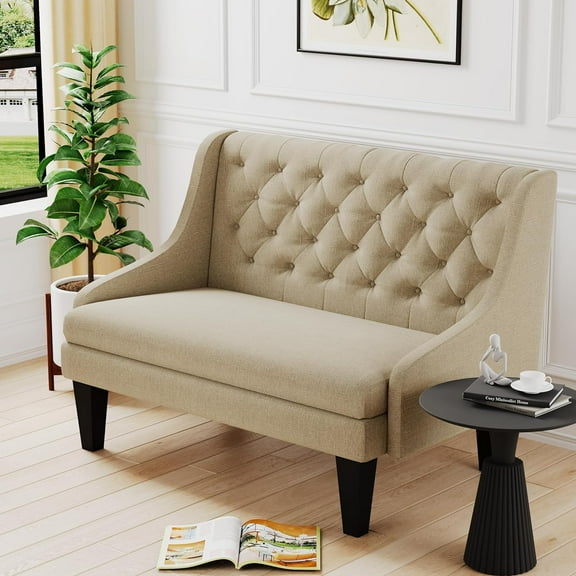 50" Small Modern Loveseat Settee Sofa Linen Fabric 2-Seat Sofa Couch Tufted Love Seat Dining Bench with Back Upholstered Banquette Sofas for Living Room Bedroom Small Space Entryway Tan