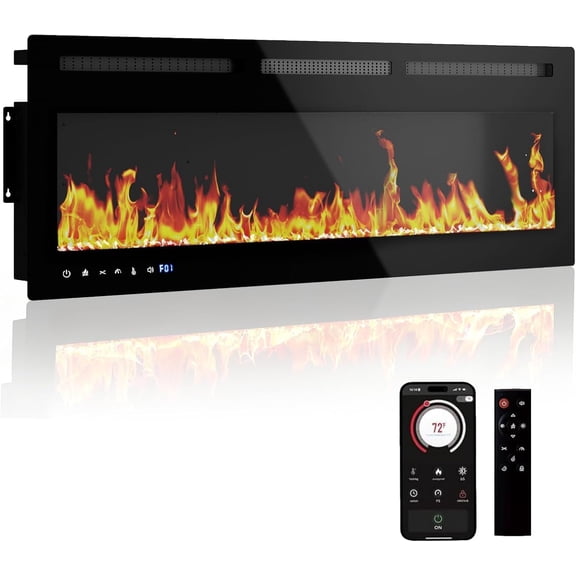 50" Smart Electric Fireplace - Recessed/Wall Mounted with WiFi App & Remote Control, 1500w Heater, 12 Color LED Flames, Dual Heat Settings, Timer & Touch Screen, Modern Design for Living Room Bedroom