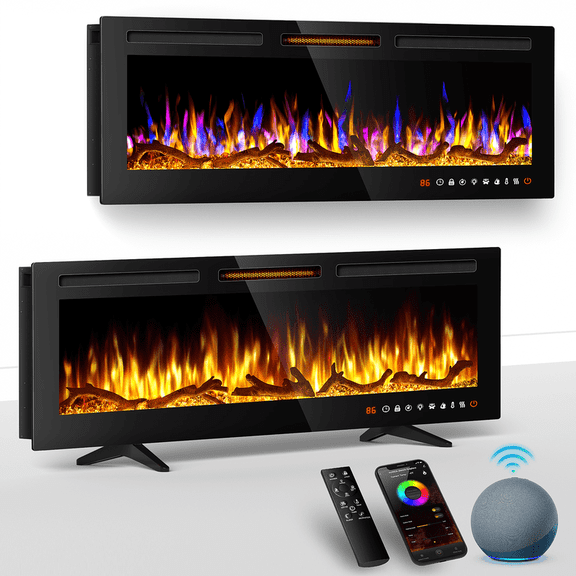 50" Smart WiFi Electric Fireplace Recessed, Wall Mounted and Freestanding Linear Fireplace, Compatible with Alexa and Smart APP Control,13 Adjustable Flame Color and 5 Brightness, 750W/1500W