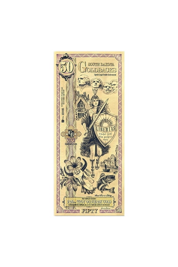 50 South Dakota Goldback 1/20 oz 24K Gold Foil Aurum Note