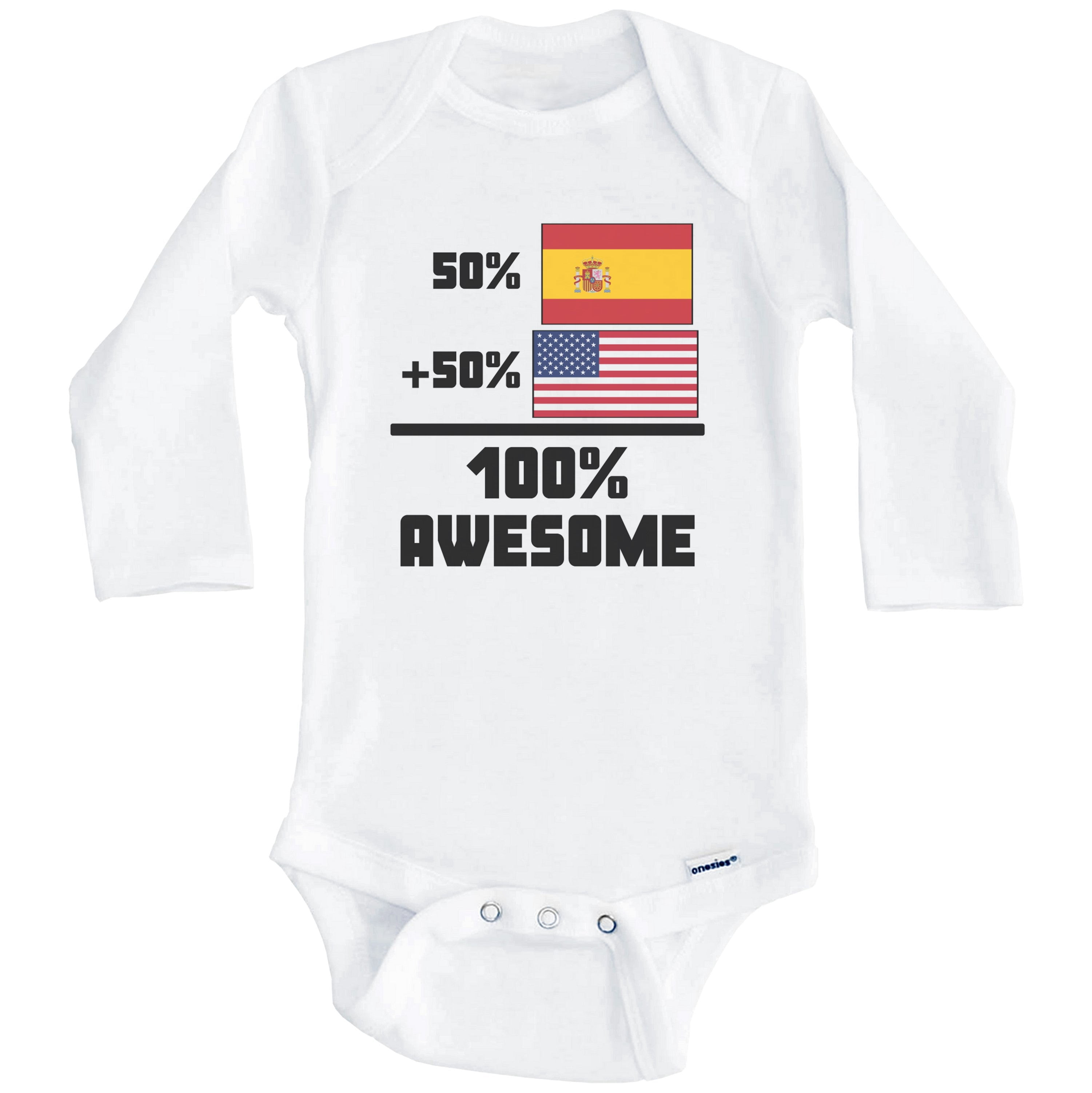 50% Spanish 50% American 100% Awesome Funny Flag One Piece Baby Bodysuit (Long Sleeve), 0-3 Months White