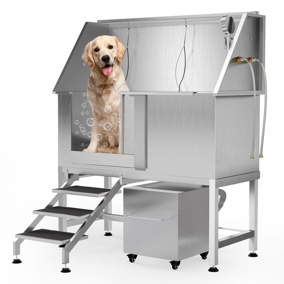 50 in Stainless Steel Dog Wash Station, Professional Dog Bathing Station for Large, Medium & Small Dogs – with Window, Ramp, Drawer, Floor Grate & Faucet (Left Ramp)