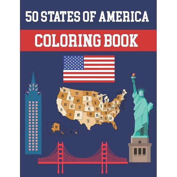 50 States Of America Coloring Book: Fifty State Maps with Capitals and Symbols like Motto Bird Mammal Flower Butterfly o, (Paperback)