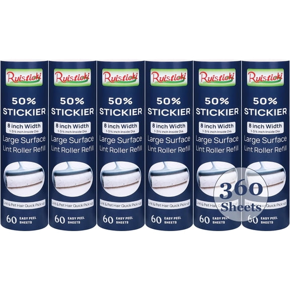 50% Stickier Large Surface Lint Roller Refill for Scotch-Brite Pet Hair Pickup Extra Sticky Large Lint Roller 8 inch Replacement Refills 6 Rolls, 60 Sheets per Refill, 360 Sheets Total