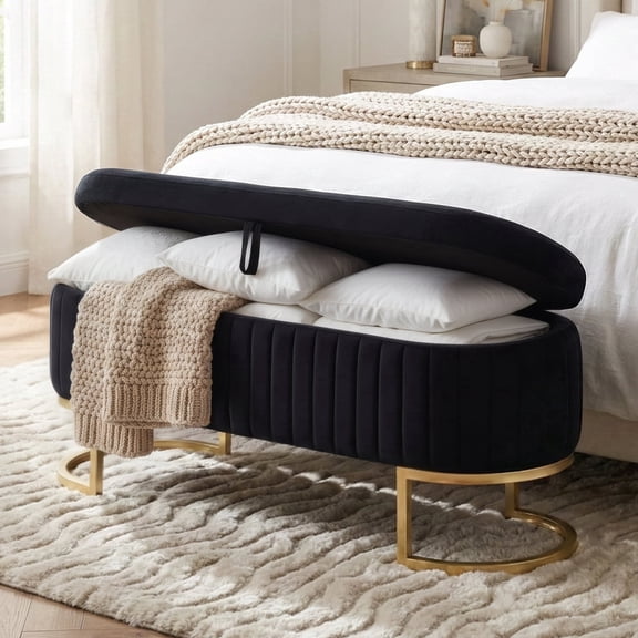 46" Modern Velvet Storage Bench, Luxury Channeled Tufted End of Bed Bench with Hidden Storage and Gold Legs, Modern Glam Ottoman Bench for Bedroom, Living Room, Entryway, Black