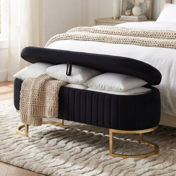 50" Storage Bench Velvet Bedroom Ottoman,Upholstered End of Bed Bench with Gold Legs,Flipping Lid Entryway Footrest,for Bedroom