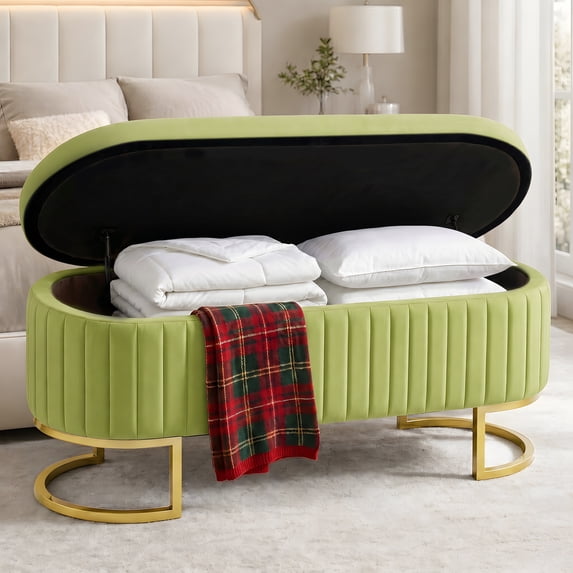 46‘’ Velvet Storage Ottoman Bench End of Bed for Bedroom Entryway Olive Green