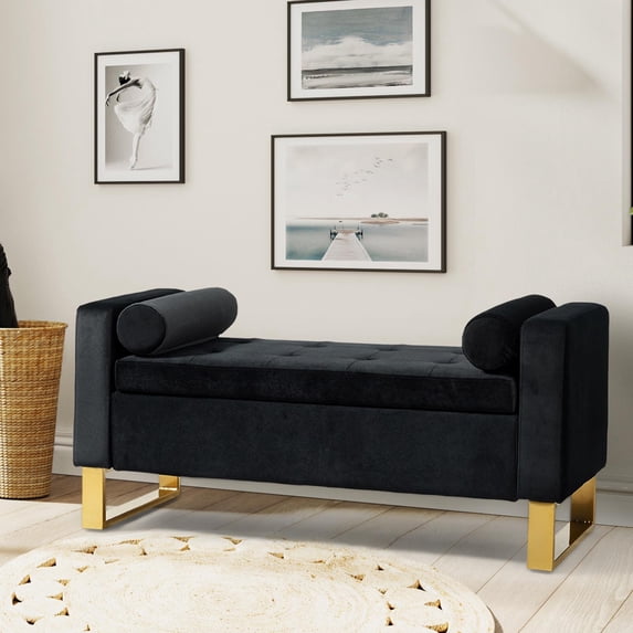 50" Storage Bench with Gold Base 2 Round Pillows Upholstered Tufted Bedroom Ottoman End of Bed Entryway Living Room Black