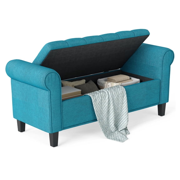 50" Storage Ottoman Bench, Teal Velvet - End of Bed, Entryway, Living Room, Button Tufted, Rolled Arms, Wood Legs