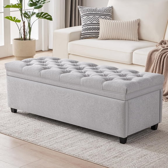 Hanyu 50" Tufted Storage Ottoman Bench, Light Gray