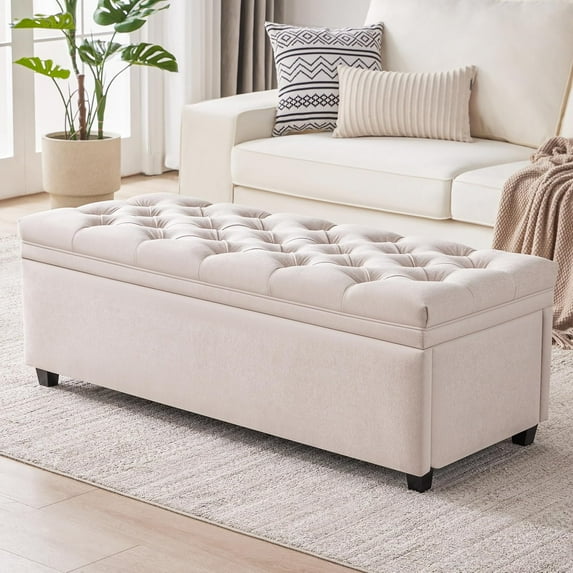 50" Storage Ottoman Bench, Tufted Ottoman with Storage for Living Room, Large End of Bed Bench Ottomans, Modern Entryway Benchs, Window & Bedroom Benches for Foot of Bed, Beige