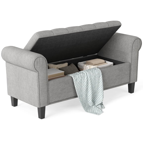 50" Storage Ottoman Bench with Rolled Arms, Button Tufted, Wood Legs, Gray, End of Bed Entryway