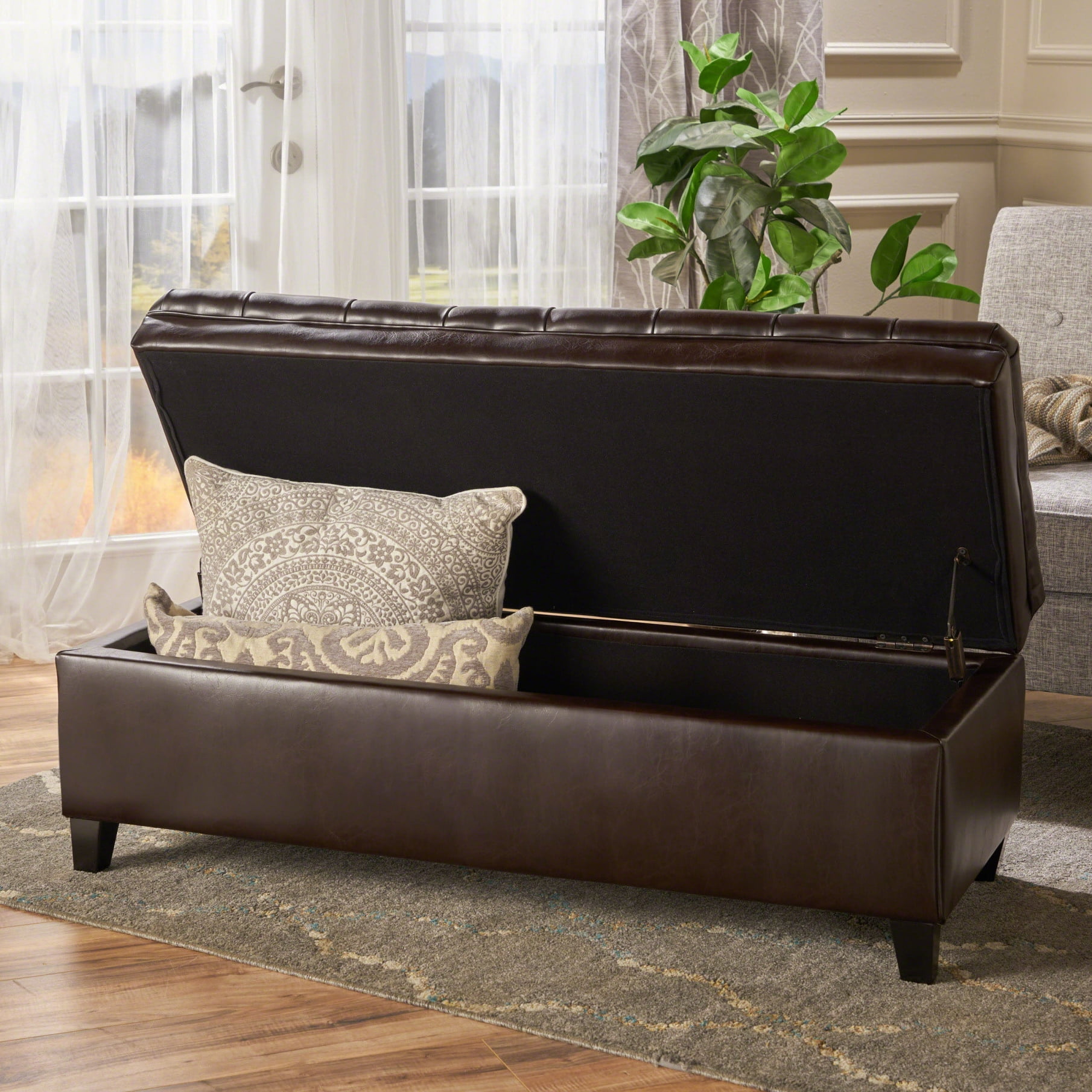 50" Storage Ottoman, Storage Ottoman Bench with Wooden Legs and Safety Hinge, Tufted Entryway Bedroom Bench, Holds up to 330 lb, for Living Room, Bedroom, Brown